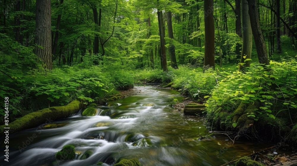A gentle stream flowing through a dense forest, representing life's journey and persistence. A gentle stream flowing through a dense forest, representing life's journey and persistence.