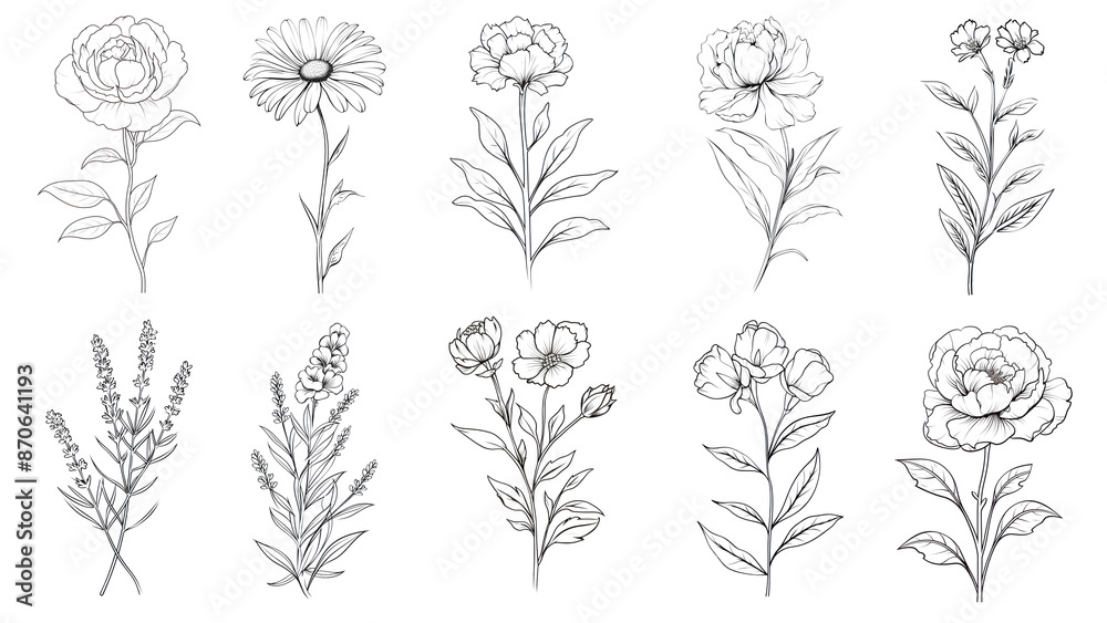 Line art flower png cut out set Line art flower png cut out set