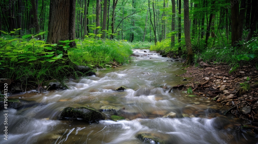 A gentle stream flowing through a dense forest, representing life's journey and persistence. A gentle stream flowing through a dense forest, representing life's journey and persistence.