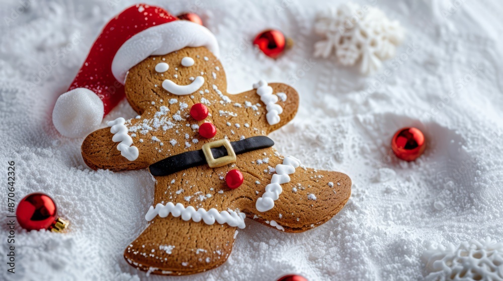 Obraz premium gingerbread santa claus on snow background. copy space