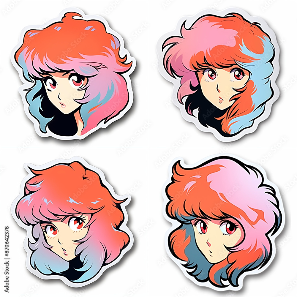 A set of stickers with a red-haired anime woman on a white background. A set of stickers with a red-haired anime woman on a white background.