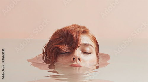 ethereal, dreamy portraits featuring a woman with red hair in a bathtub or water setting. The overall aesthetic is soft, feminine, delicate, with a color palette dominated by pastel pinks and white.