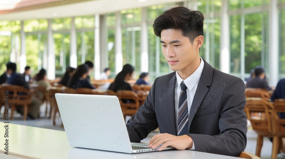 Student deeply engaged in interactive e learning at university classroom environment Student deeply engaged in interactive e learning at university classroom environment