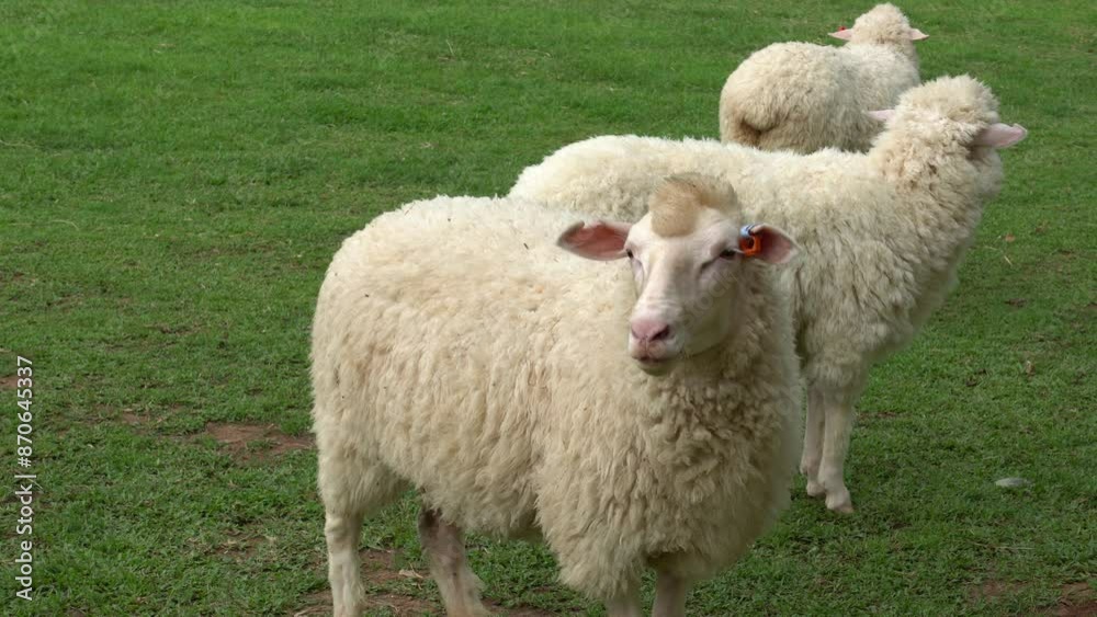 Farm animal Merino sheep walking, resting, eating grass freely in farmland Farm animal Merino sheep walking, resting, eating grass freely in farmland