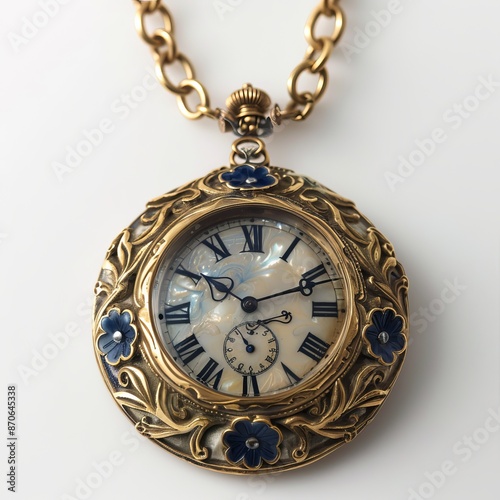 Beautiful vintage pocket watch and pearl necklace on rustic wood, selective focus. Generative AI