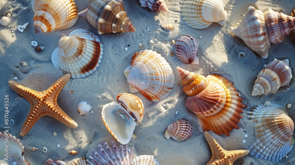 Seashells dot the sand, treasures waiting to be discovered by eager beachcombers. Seashells dot the sand, treasures waiting to be discovered by eager beachcombers.