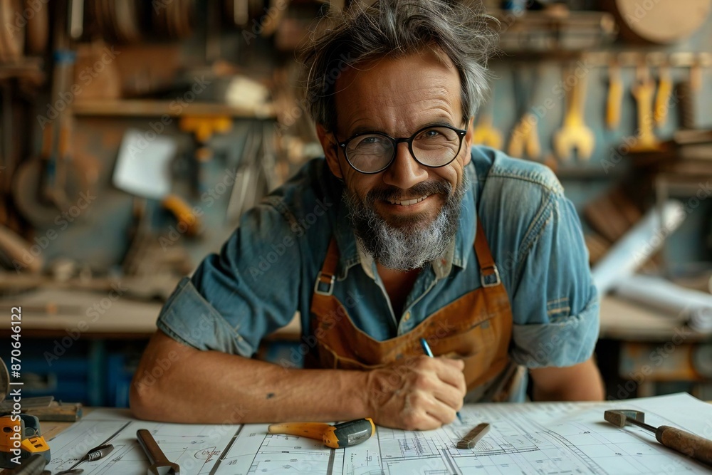 The beautiful male architect with a well-groomed beard and eyeglasses is smiling and working diligently on the blueprint with various work tools scattered around. The beautiful male architect with a well-groomed beard and eyeglasses is smiling and working diligently on the blueprint with various work tools scattered around.