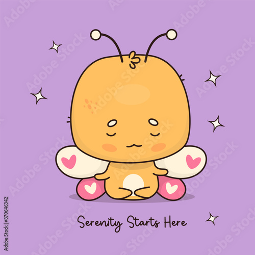Cute calm cartoon butterfly meditating. Funny kawaii character insect yogi sitting in an asana. Vector illustration. Cool card