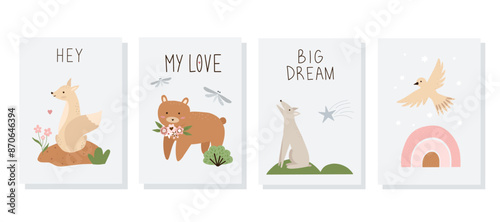 Set of hand drawn cards and posters with forest animals and plants. Baby art for nursery design and prints. Charming cartoon woodland animals