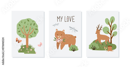 Set of hand drawn cards and posters with forest animals and plants. Baby art for nursery design and prints. Charming cartoon woodland animals  