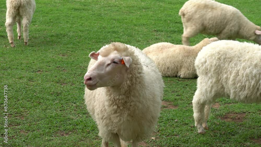 Farm animal Merino sheep walking, resting, eating grass freely in farmland Farm animal Merino sheep walking, resting, eating grass freely in farmland