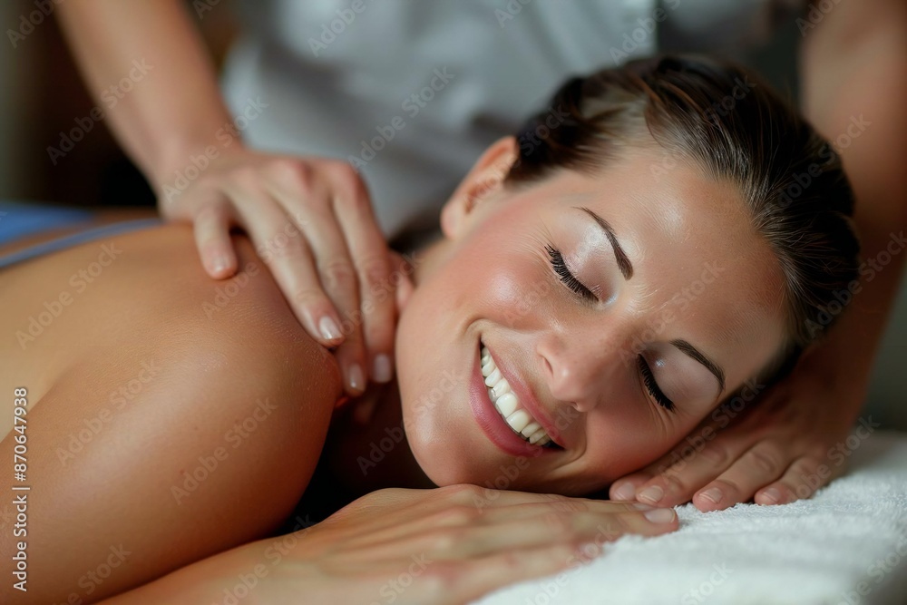 Obraz premium The beautiful young woman smiles as the therapist's hand massages her shoulder.