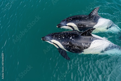 Two Black And White Dolphins Swimming in Turquoise Water photo