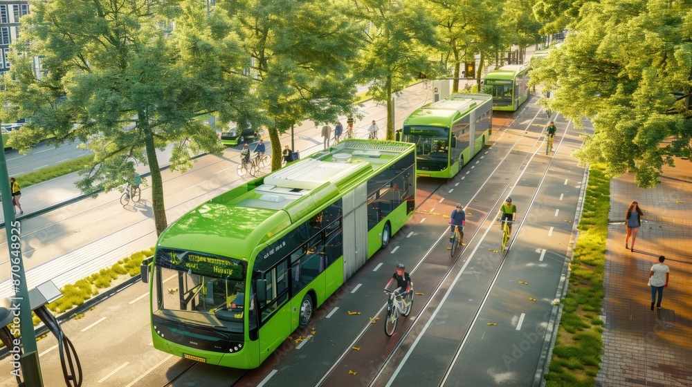 A green transportation corridor with electric buses and cyclists commuting along tree-lined boulevards in the city center.