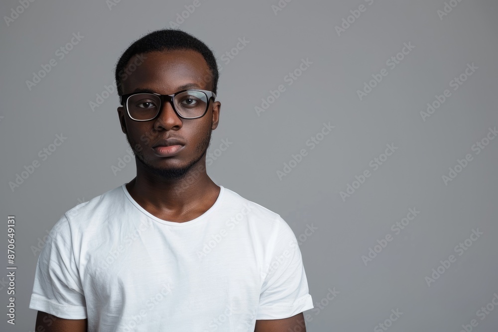 Serious African man in white t shirt and glasses portrait. Serious African man in white t shirt and glasses portrait.