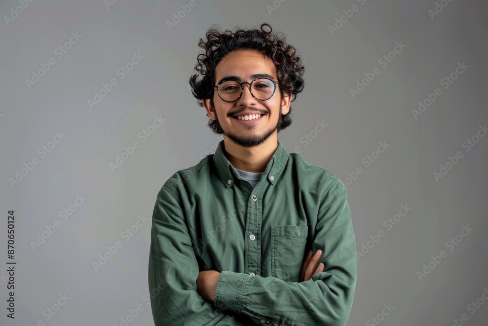 Confident Latin man in green shirt and glasses portrait.