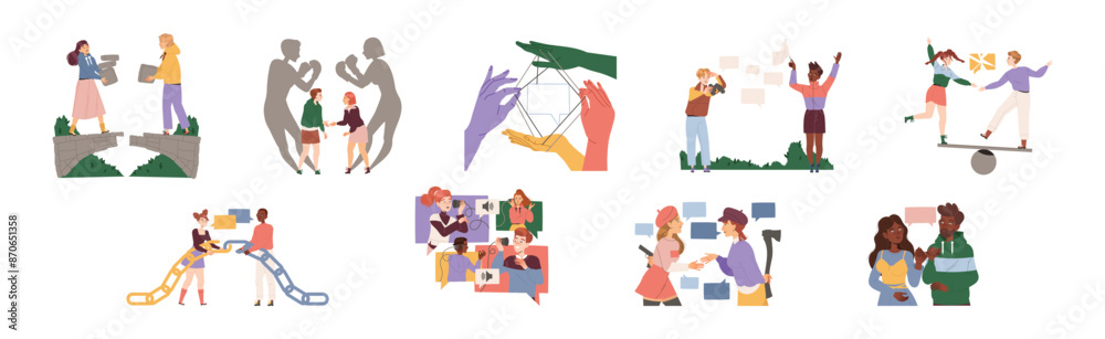 Social Interaction with Man and Woman Character Contact with Each Other Vector Set Social Interaction with Man and Woman Character Contact with Each Other Vector Set