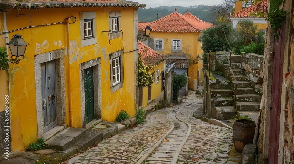 Obraz premium Cobblestone Street in a European Village with Yellow Buildings