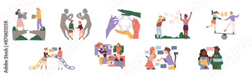 Social Interaction with Man and Woman Character Contact with Each Other Vector Set