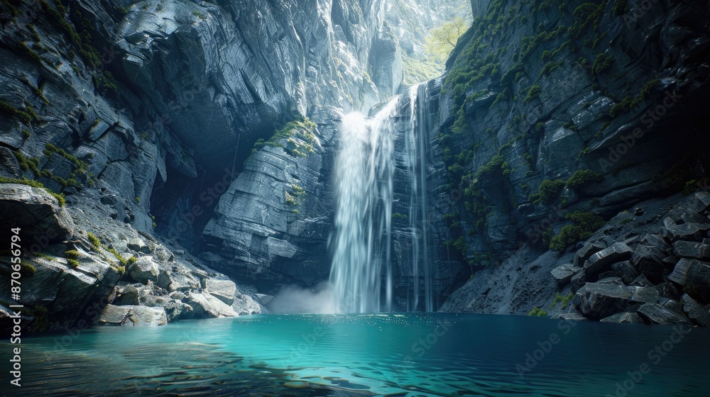 Naklejka premium A majestic waterfall cascading into a serene pool, illustrating the beauty of natural forces.