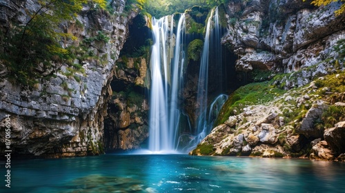 A majestic waterfall cascading into a serene pool, illustrating the beauty of natural forces.