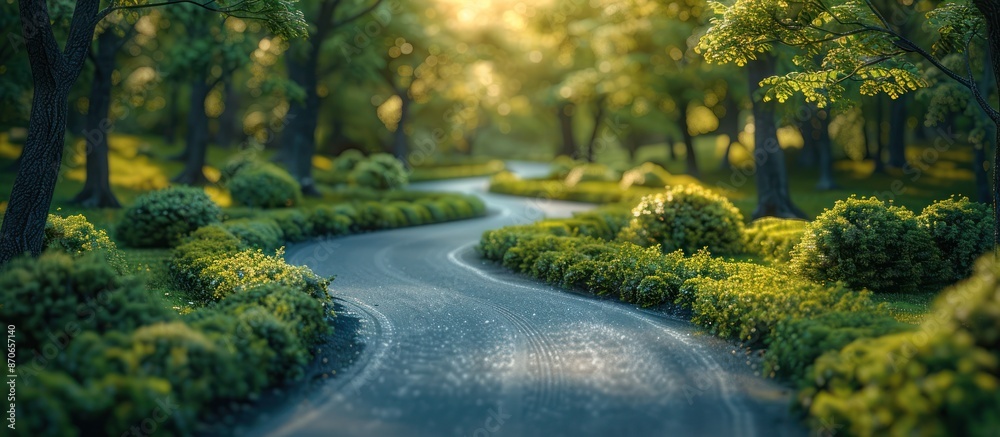 Aerial view of paved road passing through green trees and bushes on a sunny day Aerial view of paved road passing through green trees and bushes on a sunny day