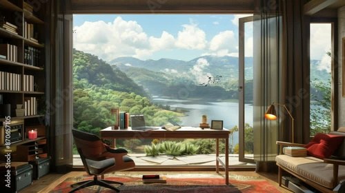 Windows with lake and mountain views. The view is calm and peaceful. The work/study space is decorated with a red and black background photo