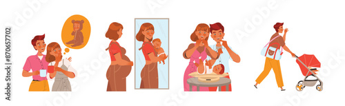 Preparation for Childbirth and Development with Pregnant Woman and Husband Vector Set