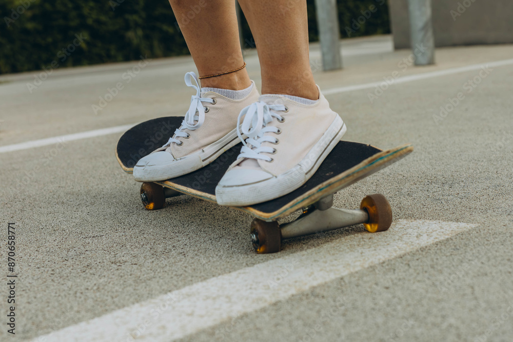 close up of skateboarders foot while skating close up of skateboarders foot while skating