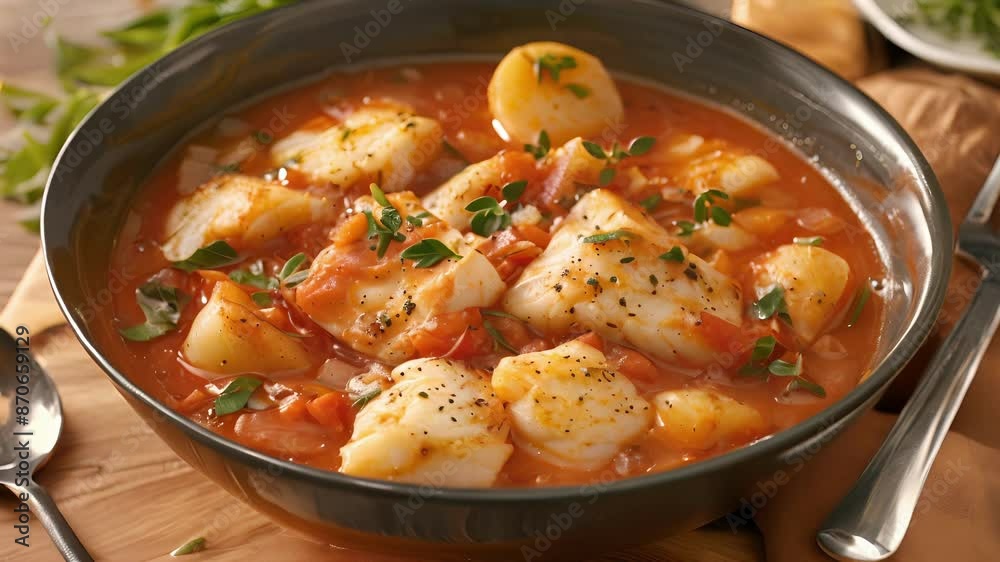 A hearty seafood stew simmered with chunks of sustainably caught cod tilapia and potatoes and finished with a sprinkle of fresh herbs. A hearty seafood stew simmered with chunks of sustainably caught cod tilapia and potatoes and finished with a sprinkle of fresh herbs.