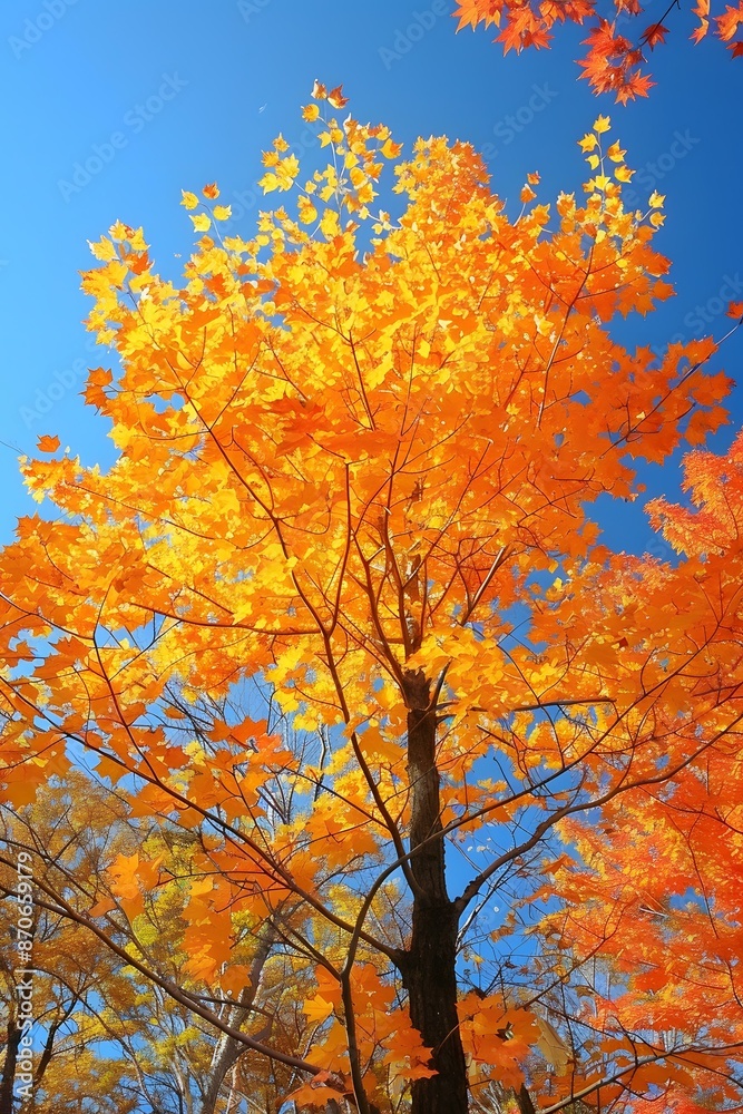 Bright yellow maple tree against a blue sky