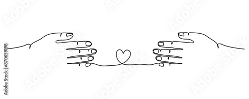 Continuous line drawing of hands with a hearth in altruism and Assistance concept.
