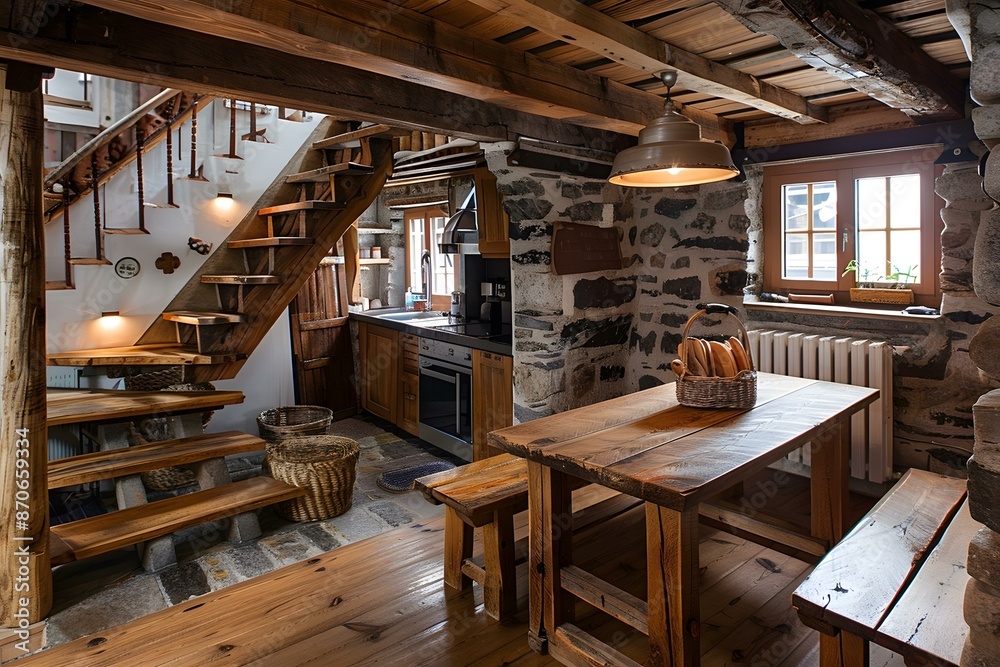 Rustic kitchen and dining room in a traditional wooden house Rustic kitchen and dining room in a traditional wooden house