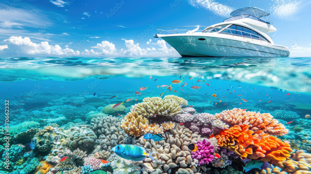 Fototapeta premium a white ship in the ocean with fish and sharks swimming around it