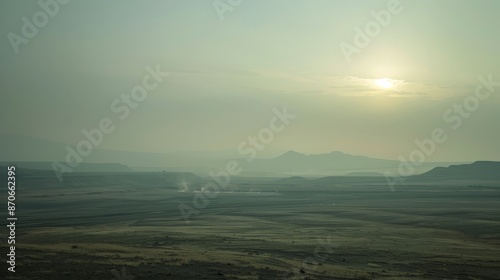 Smoke obscures the horizon, blending the sky and land into a seamless gray void.