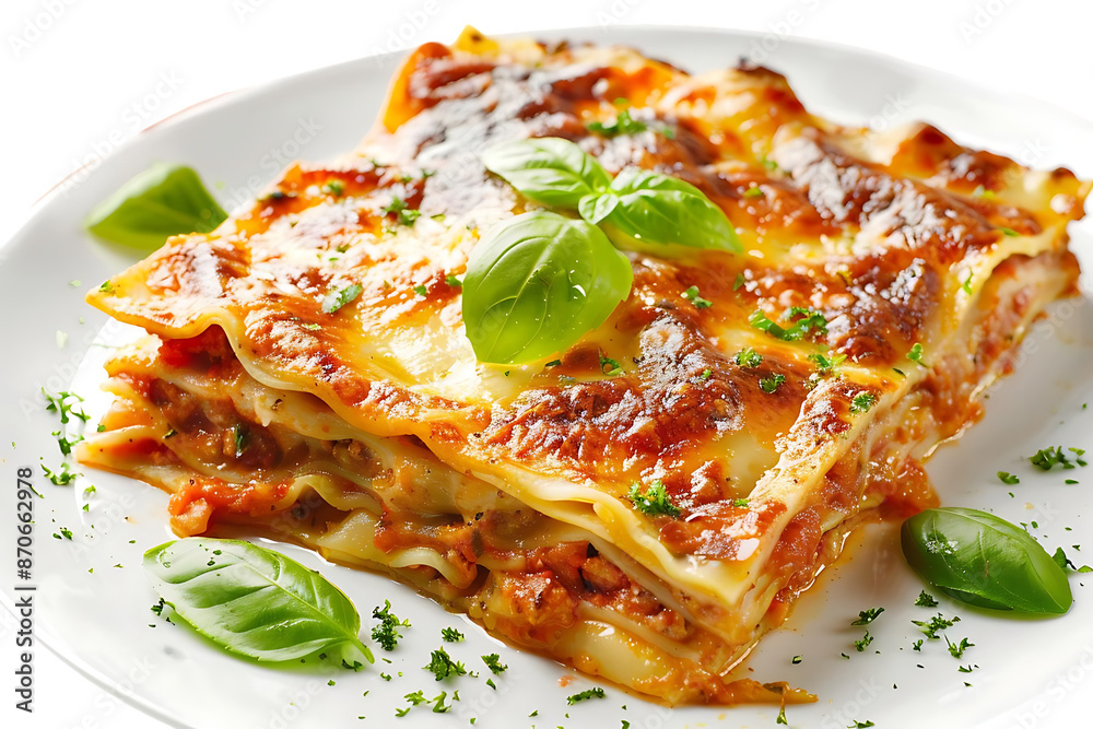 Lasagna with Basil and Parsley on a White Plate - Food Photography Lasagna with Basil and Parsley on a White Plate - Food Photography