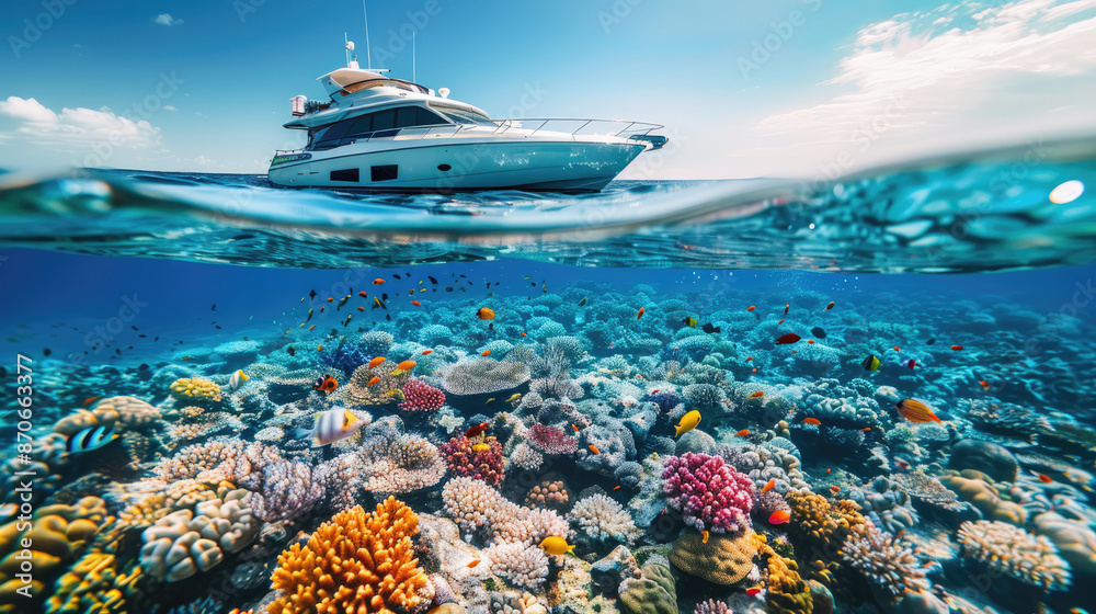 Fototapeta premium a white ship in the ocean with fish and sharks swimming around it