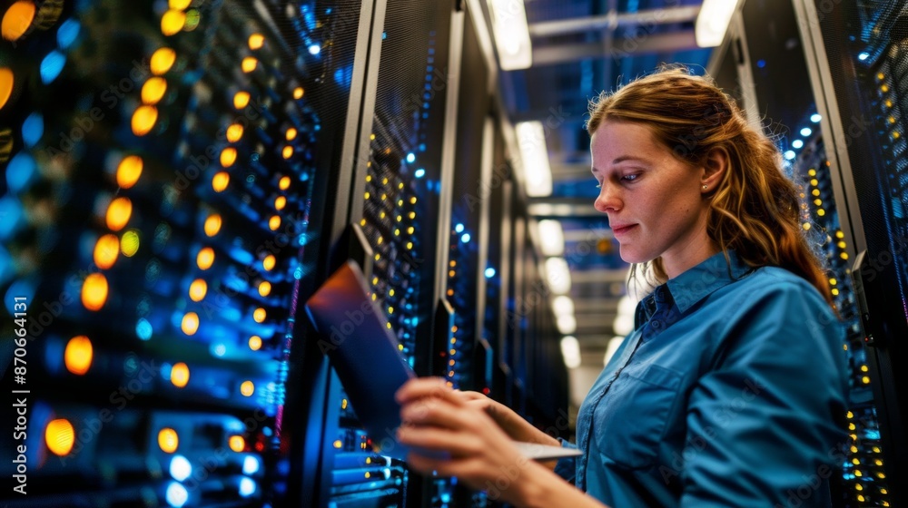 A woman server engineer works on a laptop in a data center, illuminated by the soft glow of the server racks A woman server engineer works on a laptop in a data center, illuminated by the soft glow of the server racks