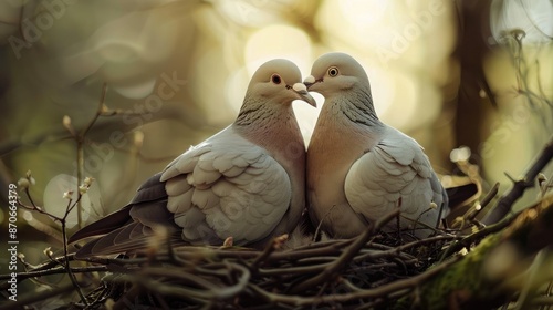 A pair of doves nesting together in a peaceful woodland, representing peace and unity.