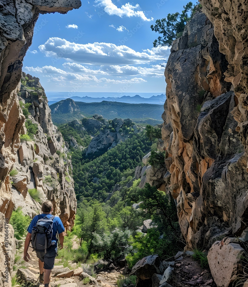Naklejka premium Man hiking in a canyon
