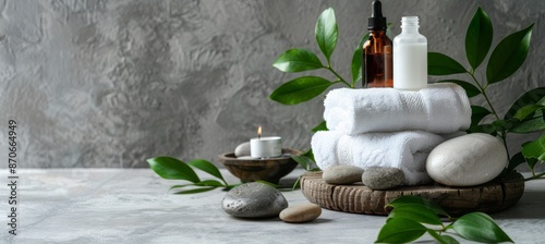 Tranquil Spa Scene: furnishing spa with towel, stones and oil on gray fuzzy background