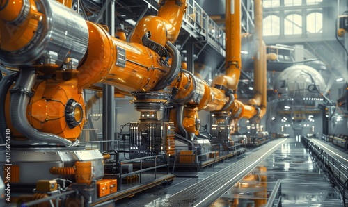 Industry 4.0 smart factory interior showcases advanced automation, machinery, and robotics in a futuristic industrial setting. Innovation, engineering, and interconnected systems. Generative AI