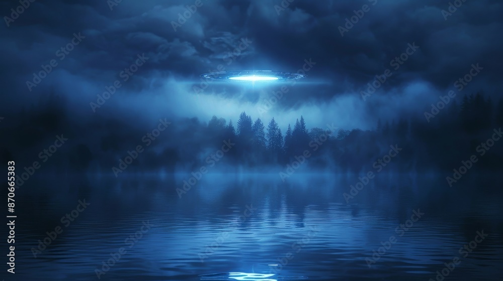 Fototapeta premium Mysterious alien UFO appears over blue mist-shrouded lake