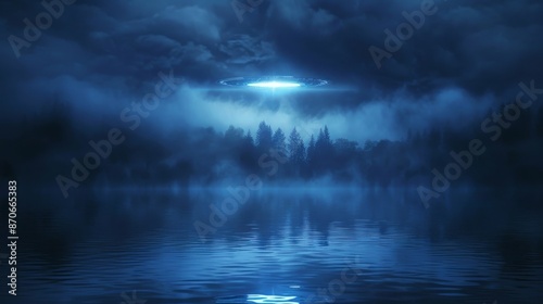 Wallpaper Mural Mysterious alien UFO appears over blue mist-shrouded lake Torontodigital.ca