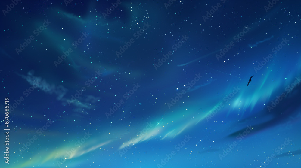 A blue sky with stars and northern lights, a small aurora in the upper left corner, a few birds flying A blue sky with stars and northern lights, a small aurora in the upper left corner, a few birds flying