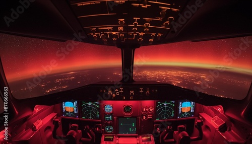 AI generator image of  Last night’s red colour Aurora Australis as seen from the RFDS flight deck over Spencer , take a photo on airplanes by pairot photo