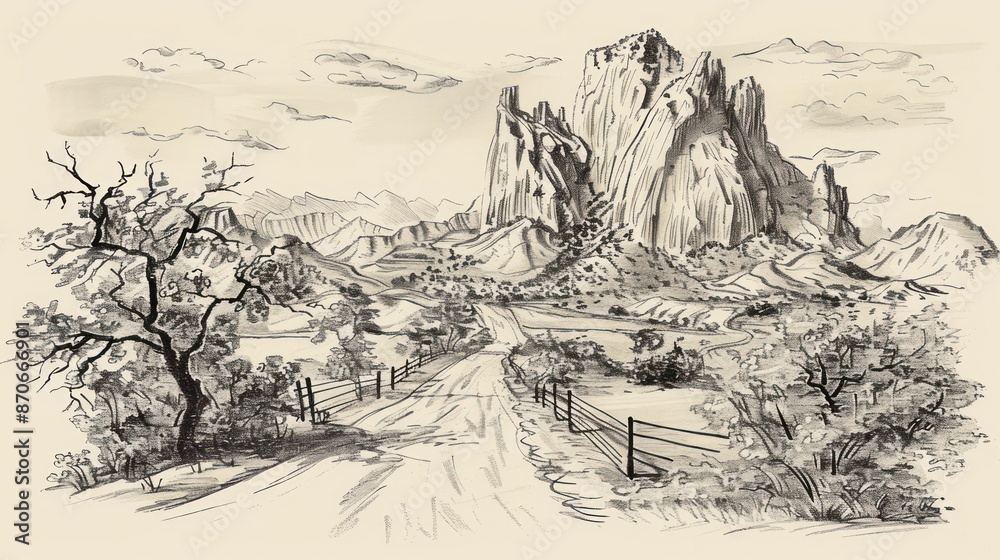 Fototapeta premium Pencil Sketch of a Mountainous Landscape with a Winding Road