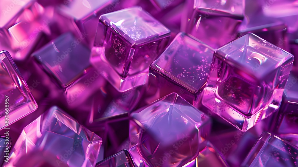 A background of transparent purple cubes, creating an abstract and futuristic pattern. The cubes have a glossy finish that reflects light beautifully.