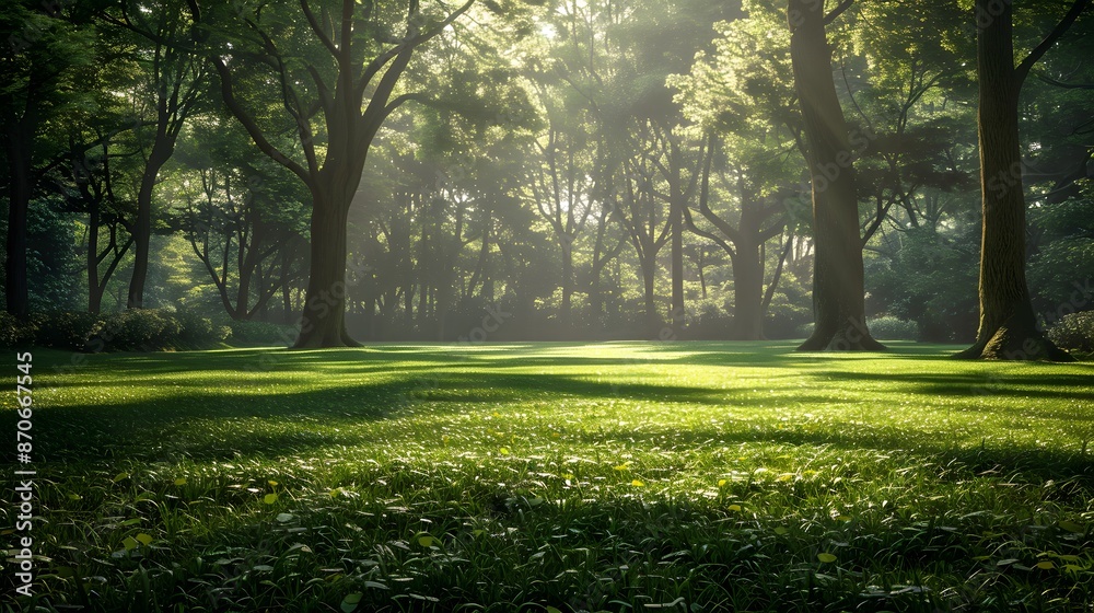 A beautiful green park with trees and grass, sunlight shining through the leaves onto the lush lawn. The background is a wide open space of green meadow. A beautiful green park with trees and grass, sunlight shining through the leaves onto the lush lawn. The background is a wide open space of green meadow.