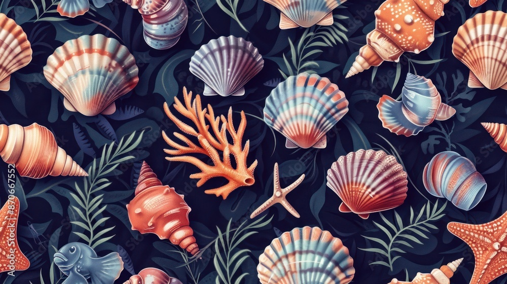Seashells and Starfish on a Dark Blue Background Seashells and Starfish on a Dark Blue Background